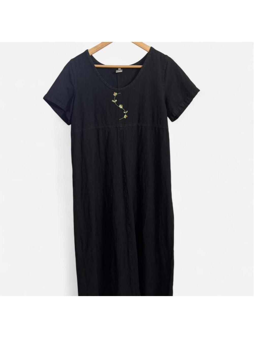 Vintage Black Midi Dress with Embroidered Floral Front